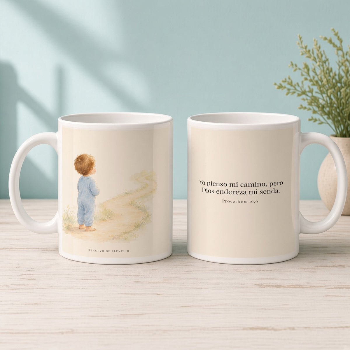 El corazón del hombre piensa, Dios endereza | Taza con arte cristiano | Proverbios 16:9 — 15oz · Mañana aqua, arte y frase devocional en dos tazas