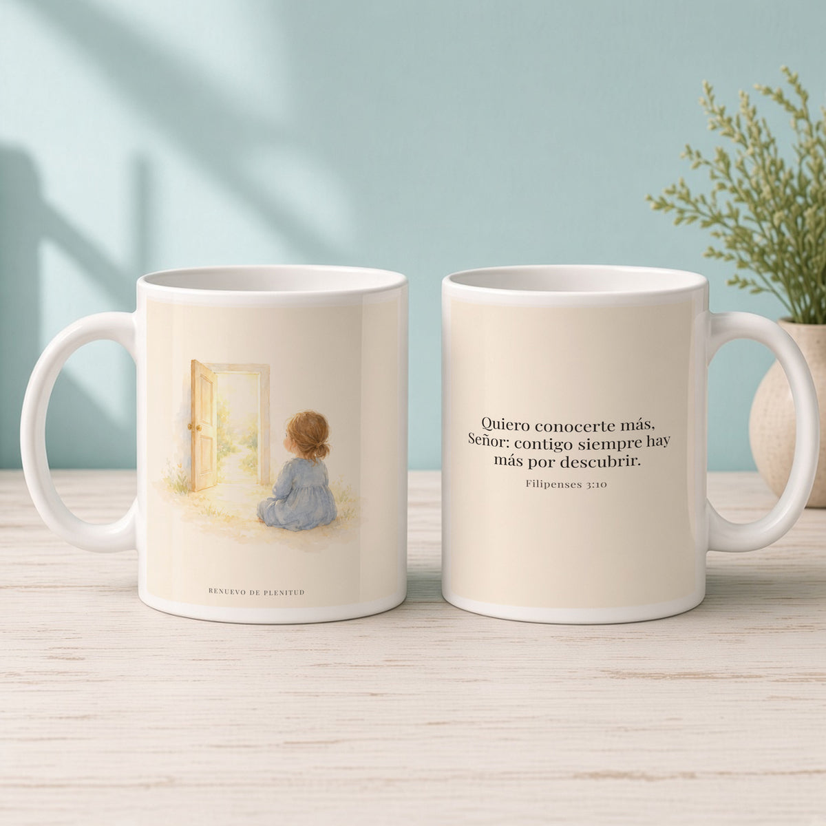 Quiero conocerte más, Señor | Taza cristiana para regalar | Filipenses 3:10 — 15oz · Mañana aqua, arte y frase devocional en dos tazas