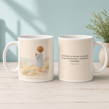 El Señor es tierno con todo lo que ha hecho | Taza bíblica de cerámica | Salmo 145:9 — 15oz · Mañana aqua, arte y frase devocional en dos tazas
