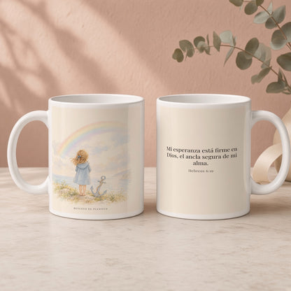 Mi esperanza está firme en Dios | Taza con arte cristiano | Hebreos 6:19 — 15oz · Regalo rosa empolvado, arte y frase devocional en dos tazas