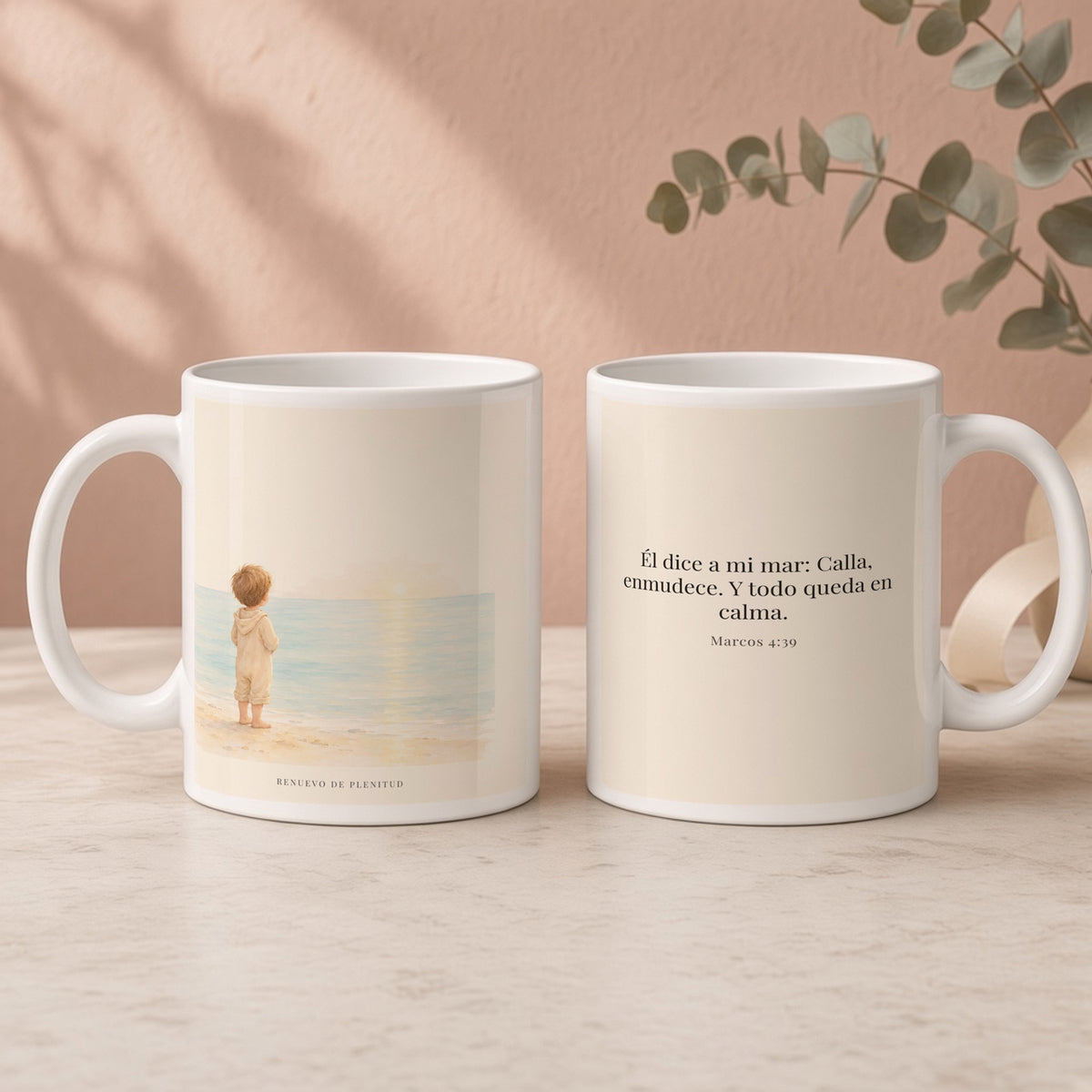 Él dijo: Calla, enmudece | Taza devocional de fe | Marcos 4:39 — 15oz · Regalo rosa empolvado, arte y frase devocional en dos tazas