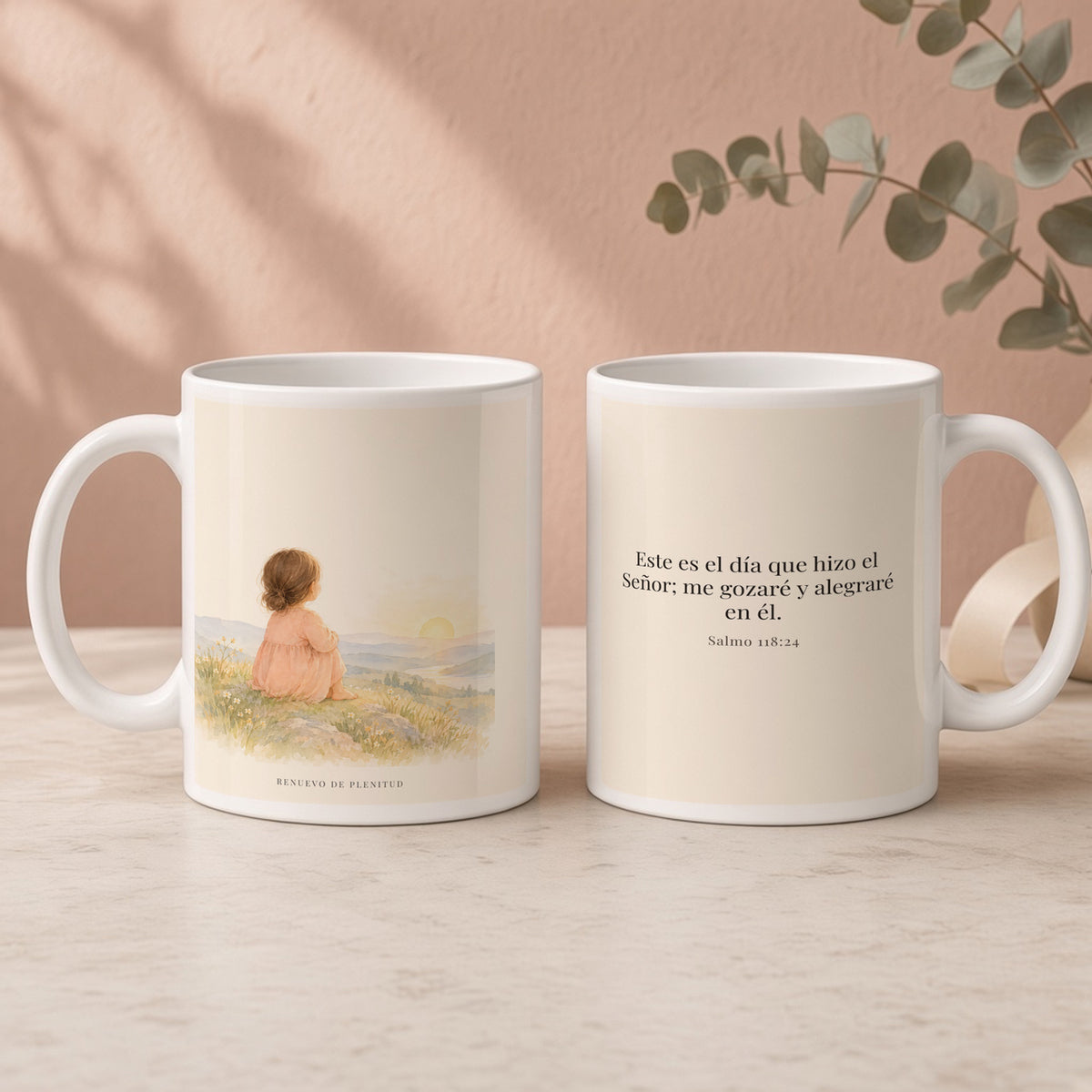 Este es el día que hizo Jehová | Taza cristiana con frase devocional | Salmo 118:24 — 15oz · Regalo rosa empolvado, arte y frase devocional en dos tazas