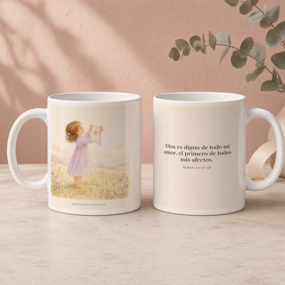 Dios es digno de todo mi amor | Taza cristiana con frase devocional | Mateo 22:37-38 — 15oz · Regalo rosa empolvado, arte y frase devocional en dos tazas
