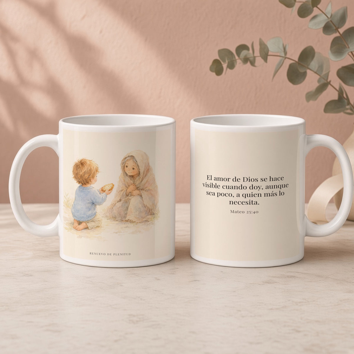 El amor de Dios se da en cosas pequeñas | Taza bíblica para café | Mateo 25:40 — 15oz · Regalo rosa empolvado, arte y frase devocional en dos tazas