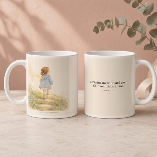 El Señor no te dejará caer | Taza devocional de fe | Salmo 55:22 — 15oz · Regalo rosa empolvado, arte y frase devocional en dos tazas