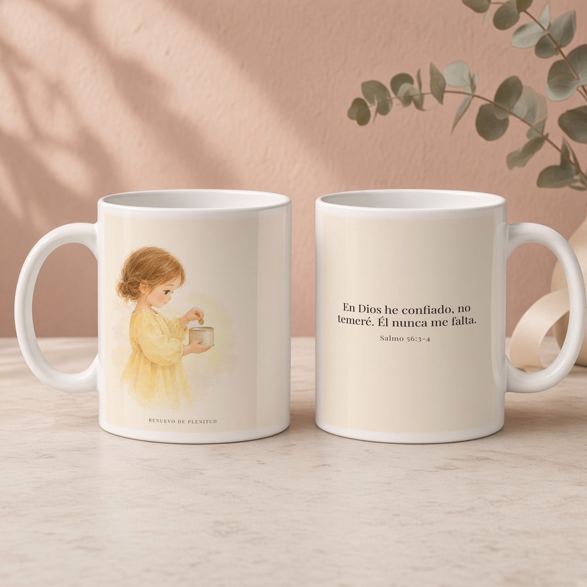 En Dios he confiado, no temeré | Taza cristiana con frase devocional | Salmo 56:3-4 — 15oz · Regalo rosa empolvado, arte y frase devocional en dos tazas