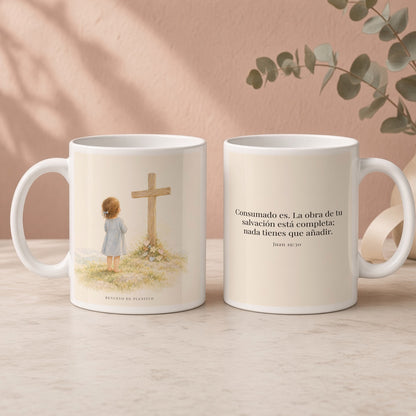 Consumado es: ya nada falta en la obra de Cristo | Taza bíblica para café | Juan 19:30 — 15oz · Regalo rosa empolvado, arte y frase devocional en dos tazas