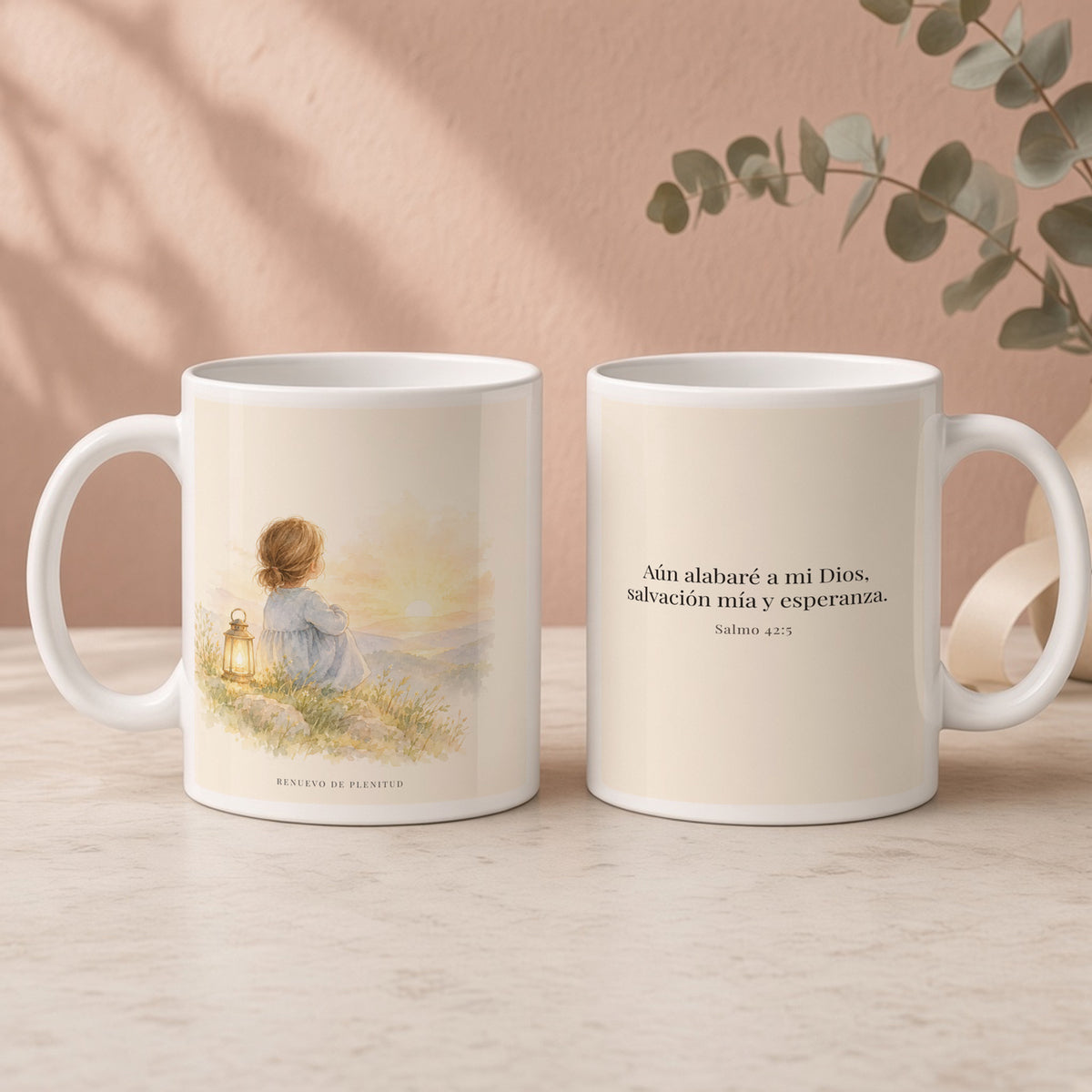 Aún he de alabar a mi Dios | Taza cristiana en dos tamaños | Salmo 42:5 — 15oz · Regalo rosa empolvado, arte y frase devocional en dos tazas