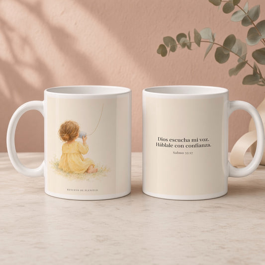 Dios escucha mi voz cada vez que le hablo | Taza bíblica de cerámica | Salmo 55:17 — 15oz · Regalo rosa empolvado, arte y frase devocional en dos tazas