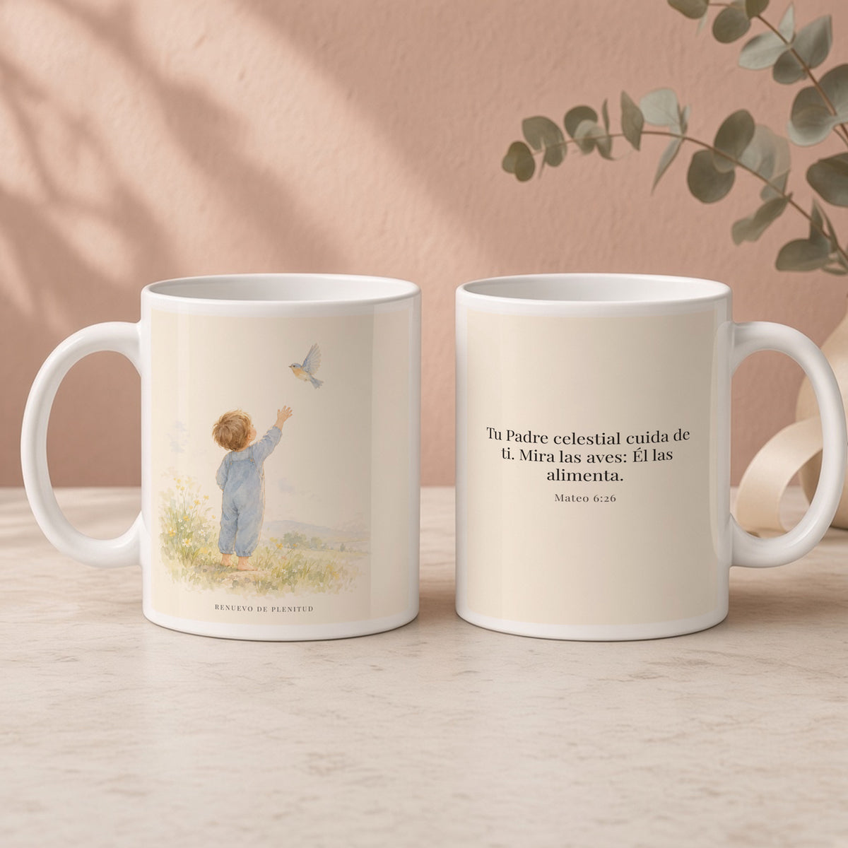 Tu Padre celestial cuida de mí | Taza cristiana para regalar | Mateo 6:26 — 15oz · Regalo rosa empolvado, arte y frase devocional en dos tazas
