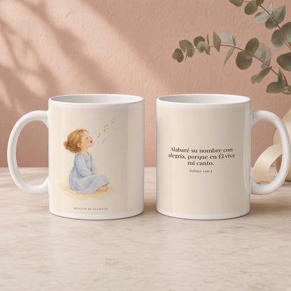 Alabaré su nombre con alegría | Taza devocional ilustrada | Salmo 149:3 — 15oz · Regalo rosa empolvado, arte y frase devocional en dos tazas