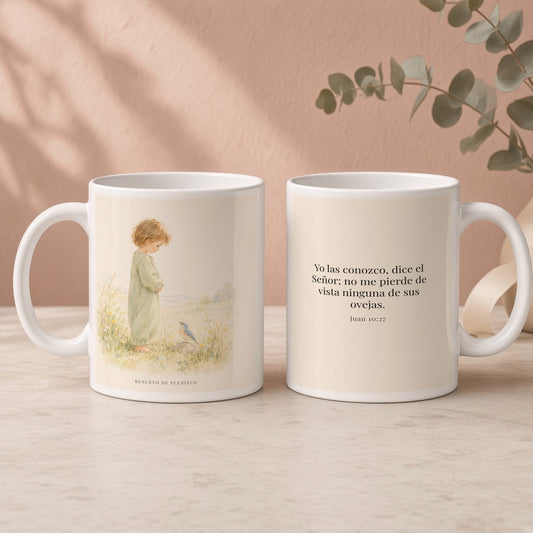 El Señor me conoce por mi nombre | Taza de fe para cada mañana | Juan 10:27 — 15oz · Regalo rosa empolvado, arte y frase devocional en dos tazas