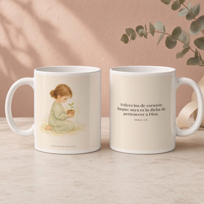 Felices los que pertenecen a Dios | Taza cristiana en dos tamaños | Mateo 5:8 — 15oz · Regalo rosa empolvado, arte y frase devocional en dos tazas