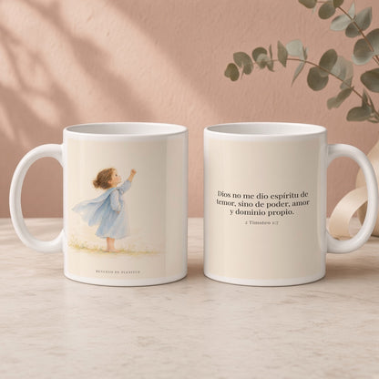 Dios me da un espíritu de poder y de amor | Taza de fe para cada mañana | 2 Timoteo 1:7 — 15oz · Regalo rosa empolvado, arte y frase devocional en dos tazas