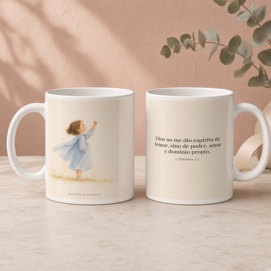 Dios me da un espíritu de poder y de amor | Taza de fe para cada mañana | 2 Timoteo 1:7 — 15oz · Regalo rosa empolvado, arte y frase devocional en dos tazas