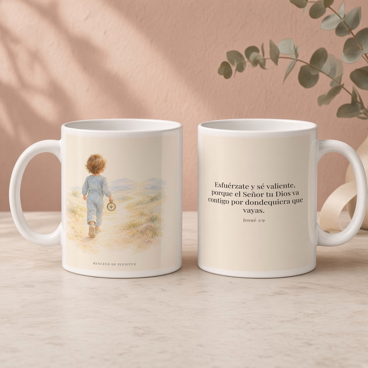 Esfuérzate y sé valiente, porque Jehová va contigo | Taza con arte cristiano | Josué 1:9 — 15oz · Regalo rosa empolvado, arte y frase devocional en dos tazas