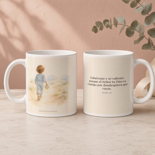 Esfuérzate y sé valiente, porque Jehová va contigo | Taza con arte cristiano | Josué 1:9 — 15oz · Regalo rosa empolvado, arte y frase devocional en dos tazas