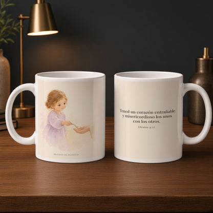 Tened un corazón entrañable | Taza bíblica de cerámica | Efesios 4:32 — 15oz · Estudio carbón, arte y frase devocional en dos tazas