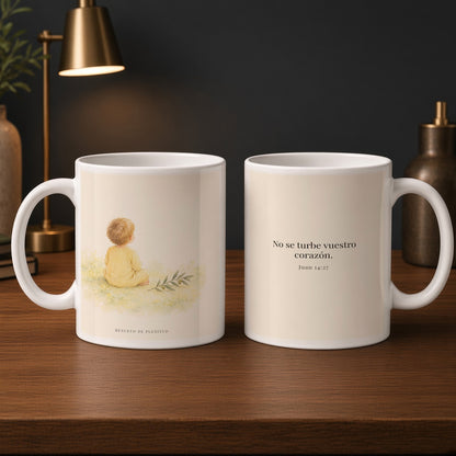 No se turbe vuestro corazón | Taza cristiana con frase devocional | Juan 14:27 — 15oz · Estudio carbón, arte y frase devocional en dos tazas