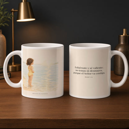 Esfuérzate y sé valiente | Taza de inspiración bíblica | Josué 1:9 — 15oz · Estudio carbón, arte y frase devocional en dos tazas