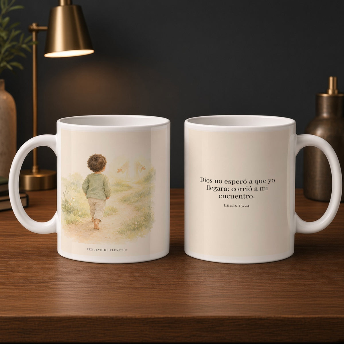 Mi Padre corrió a mi encuentro | Taza con arte cristiano | Lucas 15:24 — 15oz · Estudio carbón, arte y frase devocional en dos tazas