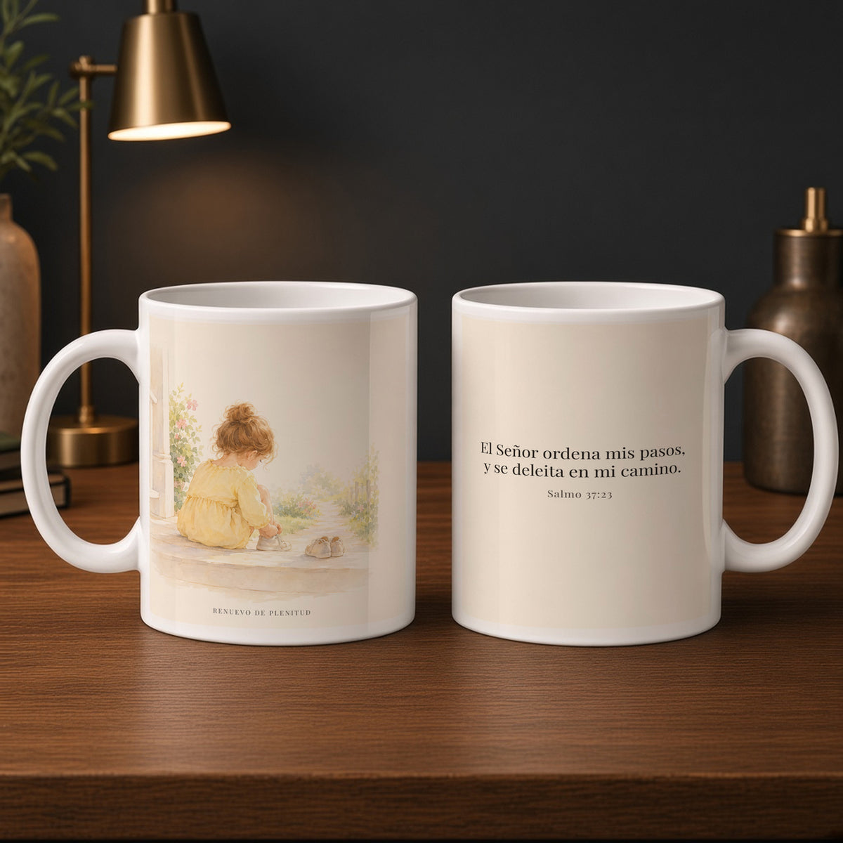 Jehová ordena mis pasos | Taza de inspiración bíblica | Salmo 37:23 — 15oz · Estudio carbón, arte y frase devocional en dos tazas