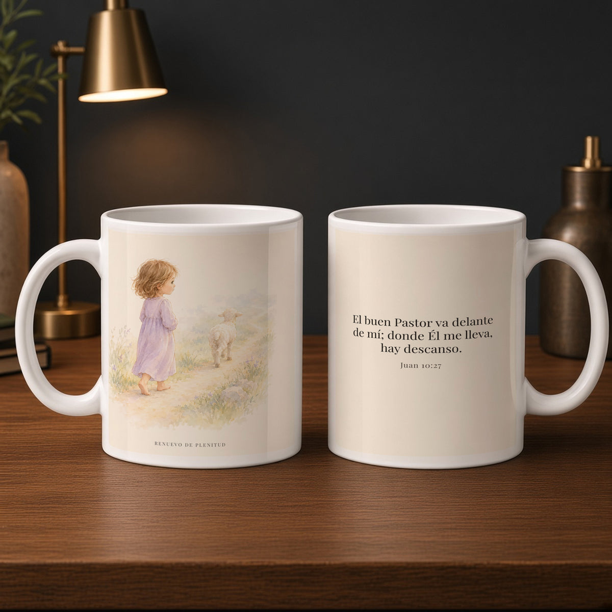 El buen Pastor va delante de mí | Taza de fe para cada mañana | Juan 10:27 — 15oz · Estudio carbón, arte y frase devocional en dos tazas