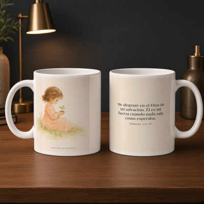 Dios de mi salvación, tú eres mi alegría | Taza de fe para cada mañana | Habacuc 3:17-18 — 15oz · Estudio carbón, arte y frase devocional en dos tazas