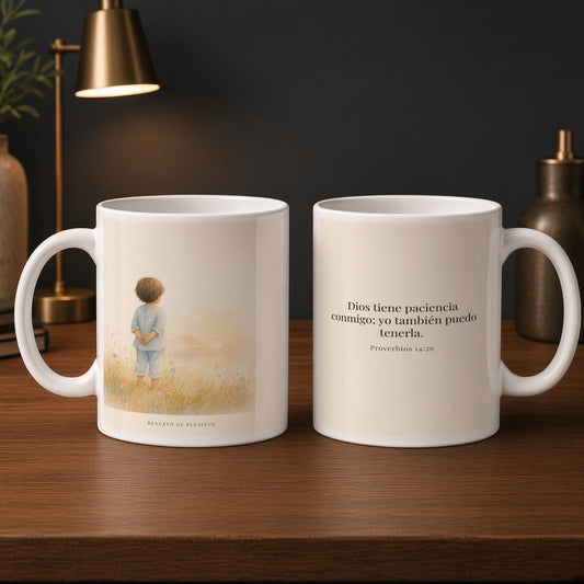Dios tiene paciencia conmigo | Taza cristiana para regalar | Proverbios 14:29 — 15oz · Estudio carbón, arte y frase devocional en dos tazas