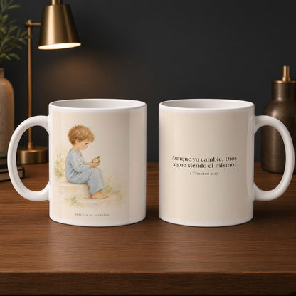 Él no puede negarse a sí mismo | Taza devocional ilustrada | 2 Timoteo 2:13 — 15oz · Estudio carbón, arte y frase devocional en dos tazas
