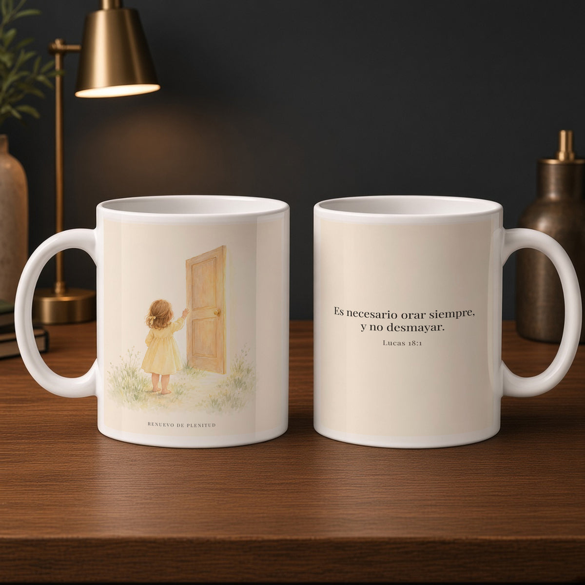 Es necesario orar siempre, y no desmayar | Taza devocional ilustrada | Lucas 18:1 — 15oz · Estudio carbón, arte y frase devocional en dos tazas