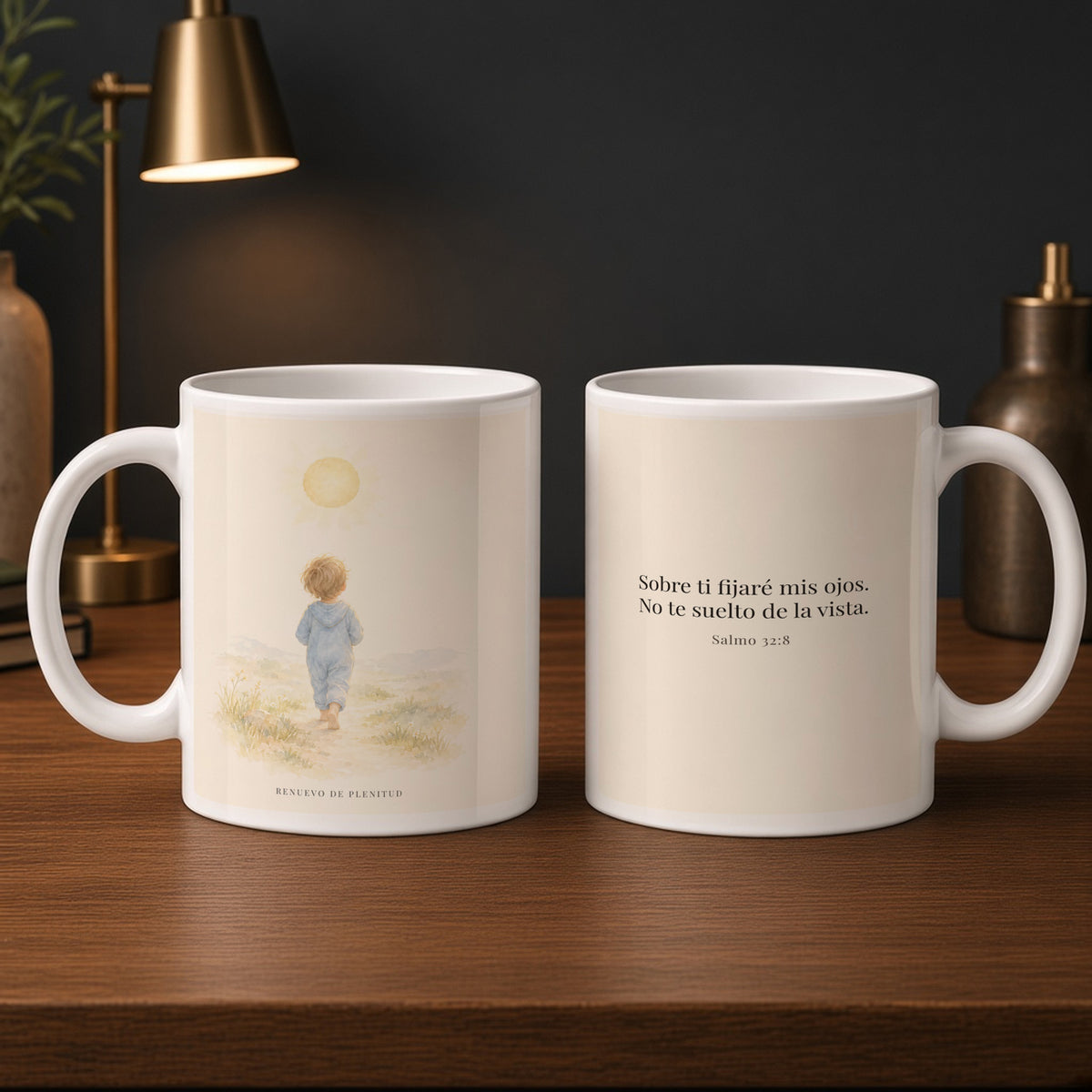 Mis ojos están puestos en ti | Taza devocional ilustrada | Salmo 32:8 — 15oz · Estudio carbón, arte y frase devocional en dos tazas