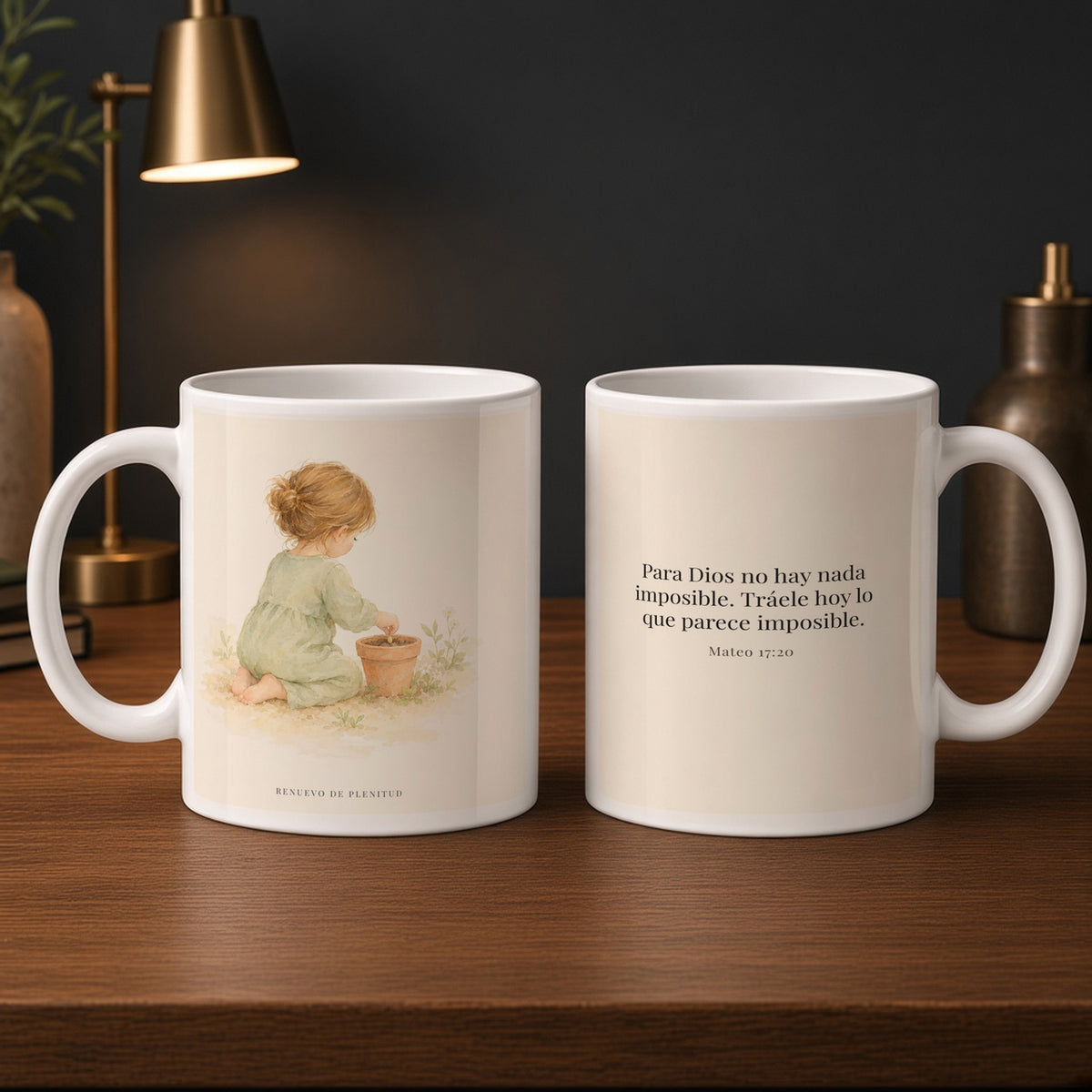 Nada hay imposible para Dios | Taza devocional de fe | Mateo 17:20 — 15oz · Estudio carbón, arte y frase devocional en dos tazas