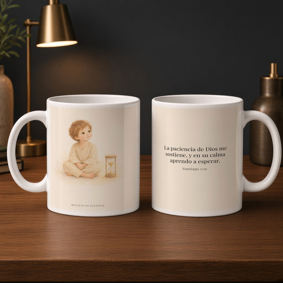En la paciencia de Dios encuentro reposo | Taza cristiana con frase devocional | Santiago 1:19 — 15oz · Estudio carbón, arte y frase devocional en dos tazas