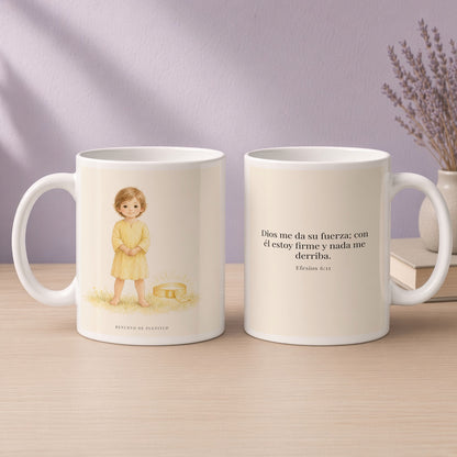 Dios me da su fuerza para estar firme | Taza cristiana en dos tamaños | Efesios 6:11 — 15oz · Devocional lavanda, arte y frase devocional en dos tazas