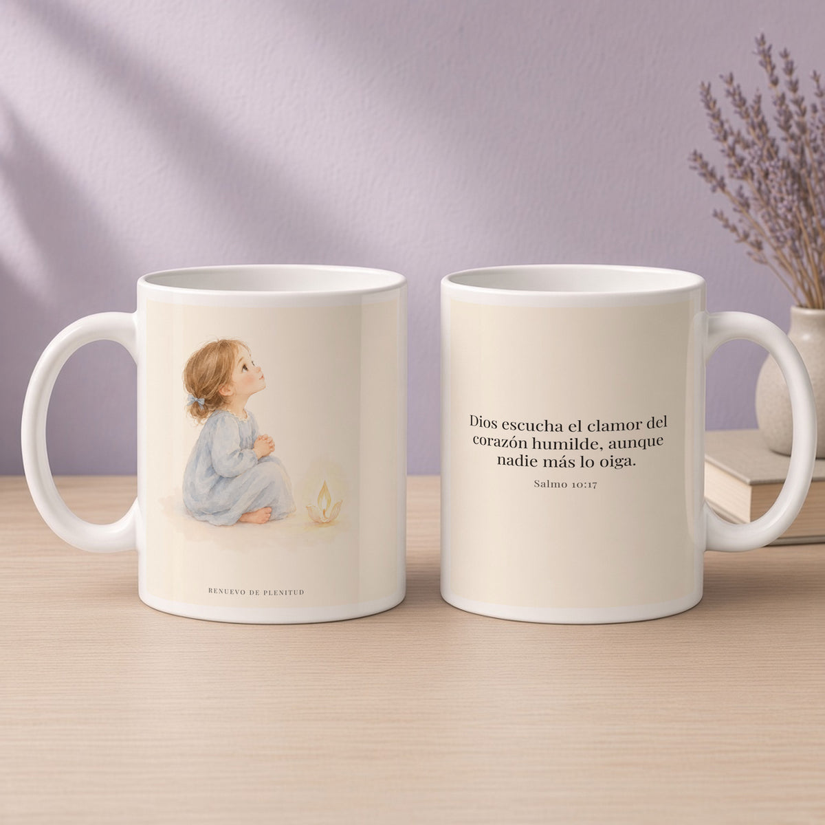 Dios escucha mi oración más callada | Taza devocional de fe | Salmo 10:17 — 15oz · Devocional lavanda, arte y frase devocional en dos tazas
