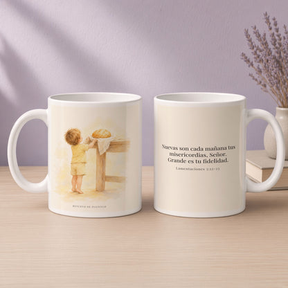 Nuevas son cada mañana tus misericordias | Taza bíblica de cerámica | Lamentaciones 3:22-23 — 15oz · Devocional lavanda, arte y frase devocional en dos tazas