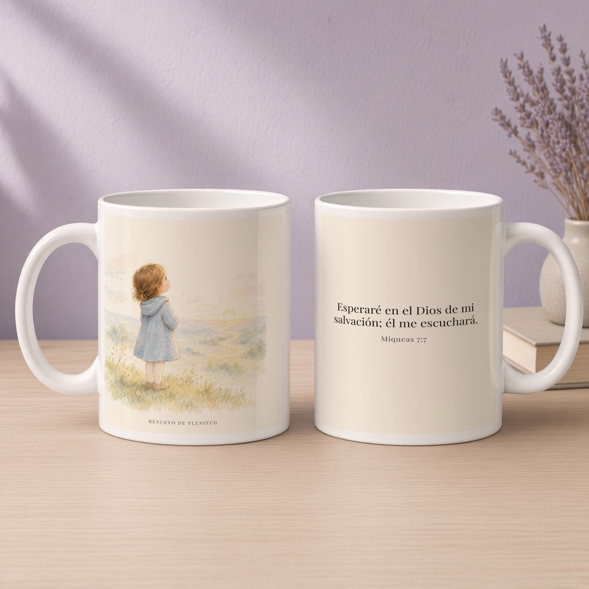 Esperaré en el Dios de mi salvación | Taza cristiana con frase devocional | Miqueas 7:7 — 15oz · Devocional lavanda, arte y frase devocional en dos tazas