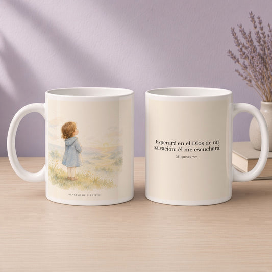 Esperaré en el Dios de mi salvación | Taza cristiana con frase devocional | Miqueas 7:7 — 15oz · Devocional lavanda, arte y frase devocional en dos tazas