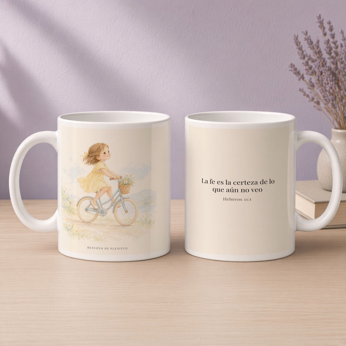 La fe es la certeza de lo que no vemos | Taza cristiana para regalar | Hebreos 11:1 — 15oz · Devocional lavanda, arte y frase devocional en dos tazas