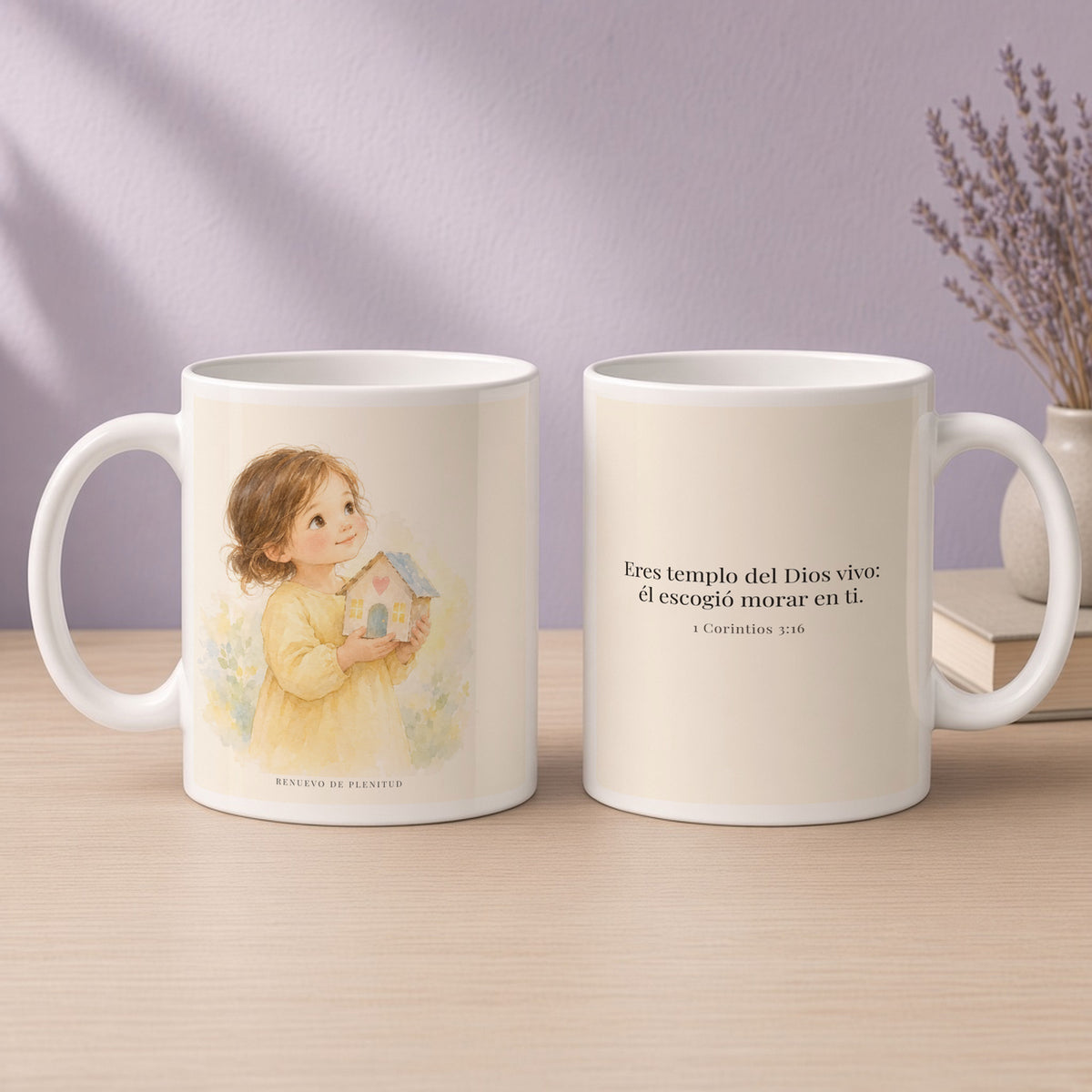 Eres templo del Dios vivo | Taza devocional ilustrada | 1 Corintios 3:16 — 15oz · Devocional lavanda, arte y frase devocional en dos tazas