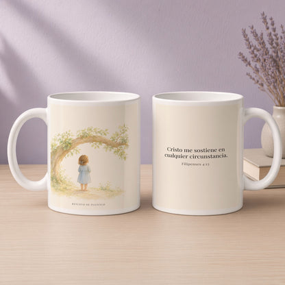 Cristo me sostiene en cualquier circunstancia | Taza devocional de fe | Filipenses 4:13 — 15oz · Devocional lavanda, arte y frase devocional en dos tazas