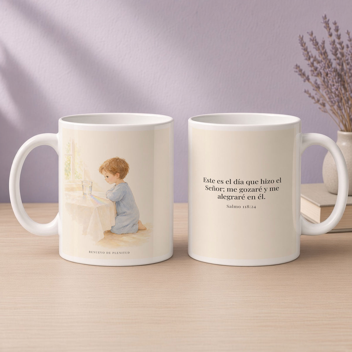 Este es el día que hizo Jehová | Taza devocional ilustrada | Salmo 118:24 — 15oz · Devocional lavanda, arte y frase devocional en dos tazas