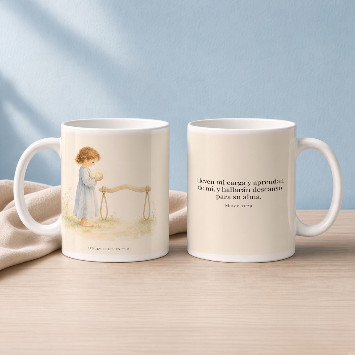 Yo te daré descanso para tu alma | Taza devocional ilustrada | Mateo 11:29 — 15oz · Lectura azul sereno, arte y frase devocional en dos tazas