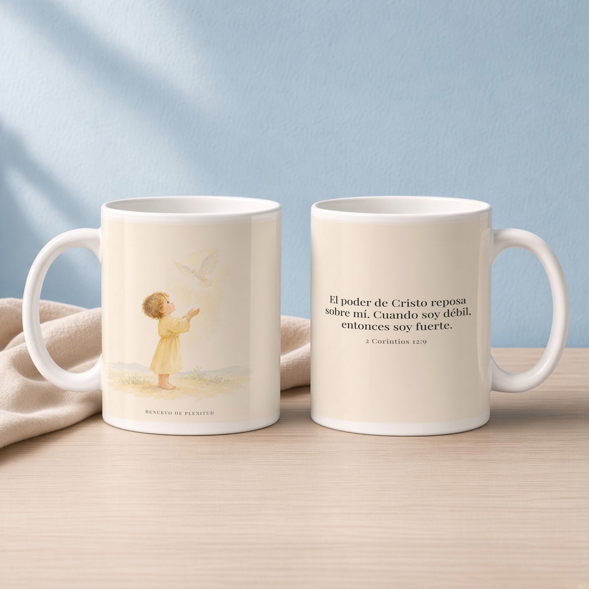 El poder de Cristo reposa sobre mí | Taza devocional ilustrada | 2 Corintios 12:9 — 15oz · Lectura azul sereno, arte y frase devocional en dos tazas