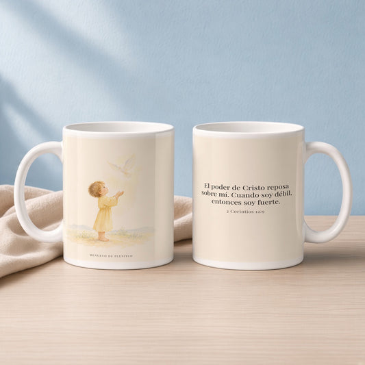 El poder de Cristo reposa sobre mí | Taza devocional ilustrada | 2 Corintios 12:9 — 15oz · Lectura azul sereno, arte y frase devocional en dos tazas