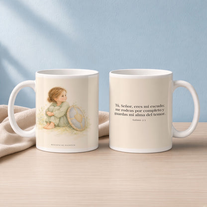 Dios es mi escudo alrededor | Taza cristiana para regalar | Salmo 3:3 — 15oz · Lectura azul sereno, arte y frase devocional en dos tazas