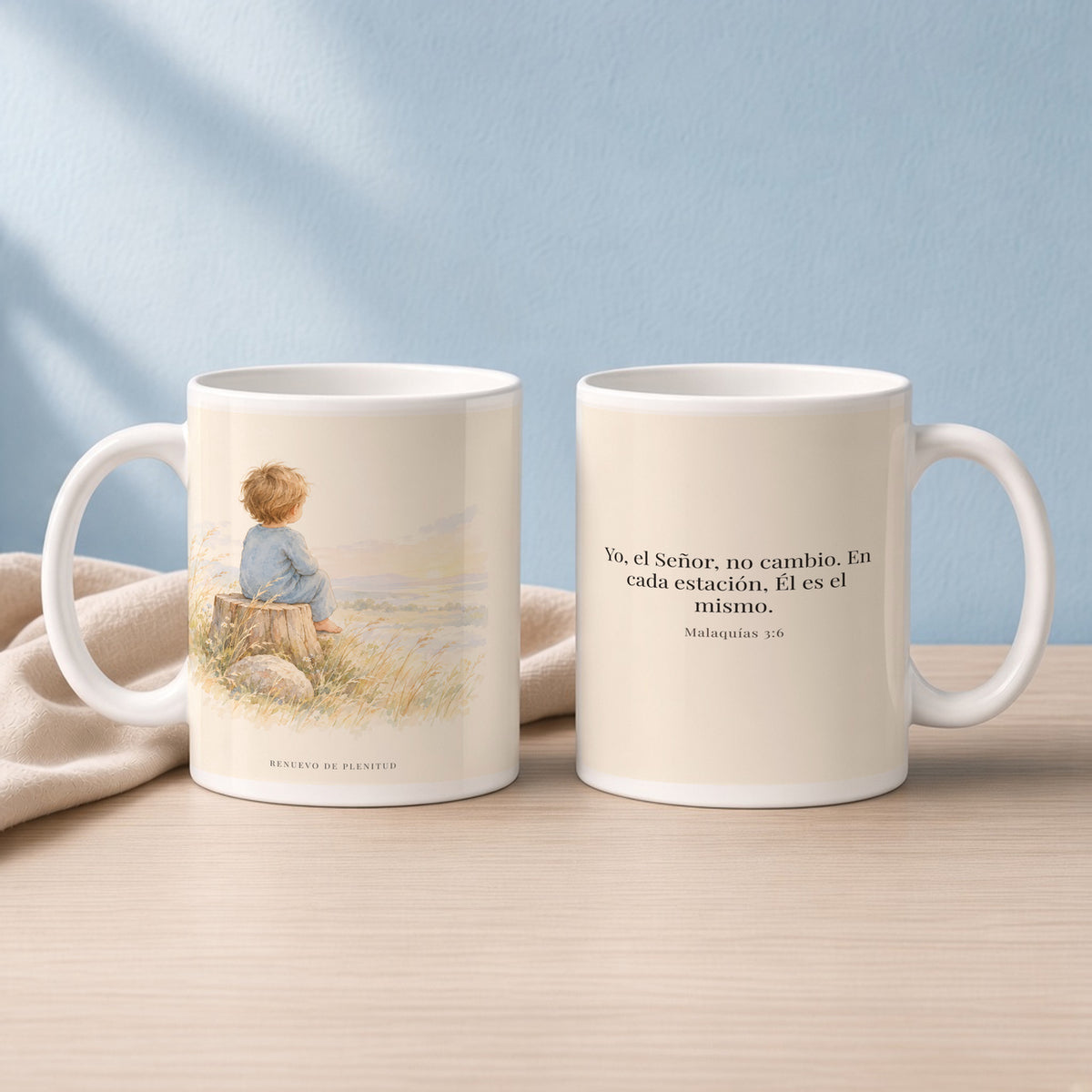 Yo, Jehová, no cambio | Taza devocional de fe | Malaquías 3:6 — 15oz · Lectura azul sereno, arte y frase devocional en dos tazas