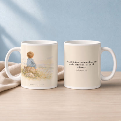 Yo, Jehová, no cambio | Taza devocional de fe | Malaquías 3:6 — 15oz · Lectura azul sereno, arte y frase devocional en dos tazas