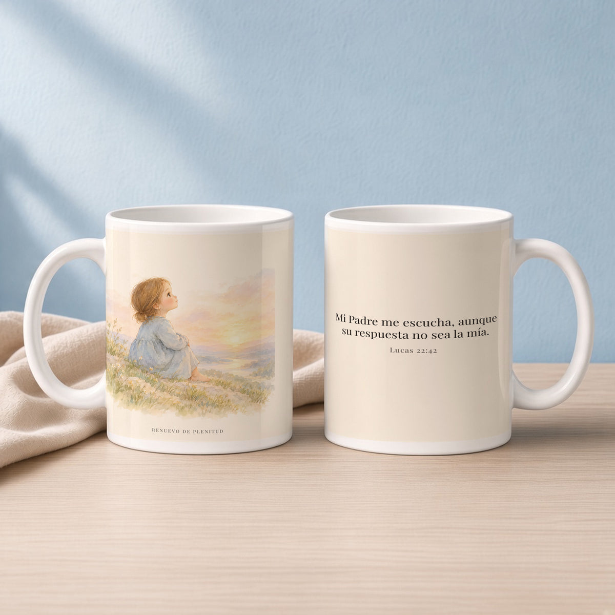El Padre escucha mi oración | Taza con arte cristiano | Lucas 22:42 — 15oz · Lectura azul sereno, arte y frase devocional en dos tazas